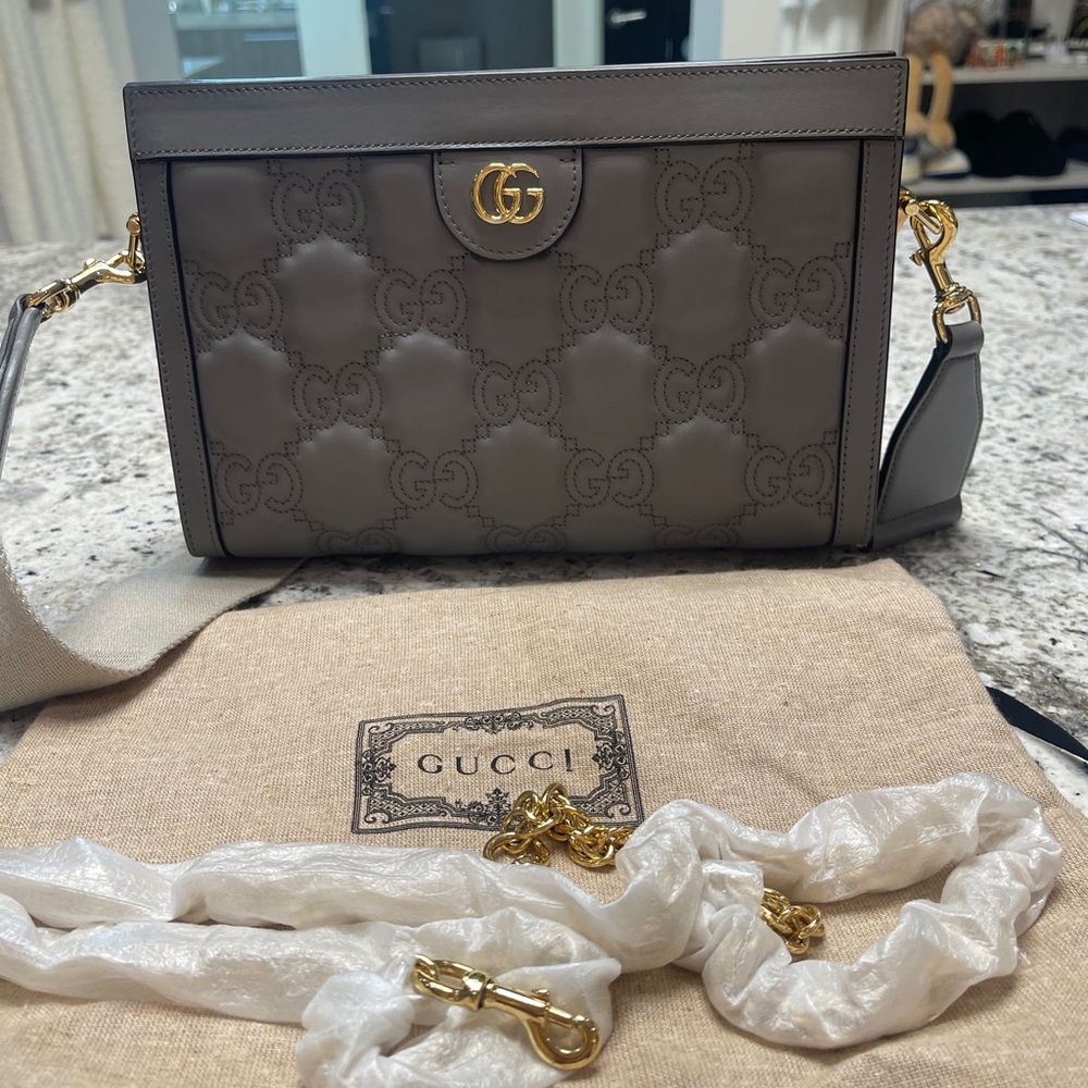 NEW Gucci Gray Matelasse leather Bag with chain strap and canvas crossbody - Picture 2 of 5